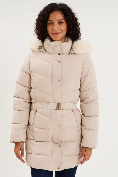 Doudoune mi-longue ceintur&eacute;e &agrave; capuche beige femme