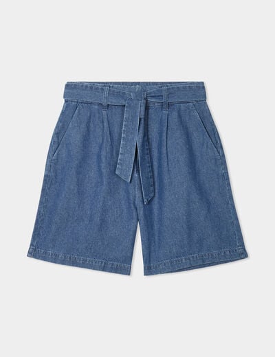 Short large jean coton ceinture à nouer denim double stone femme