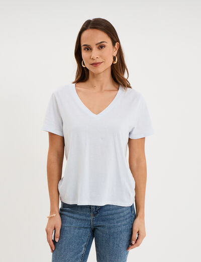 T-shirt manches courtes col en V coton bleu clair femme