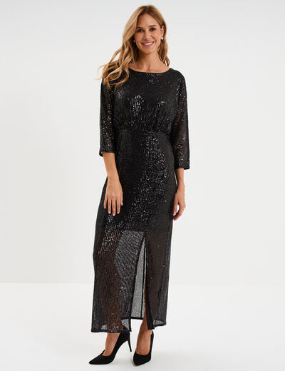 Robe longue fendue &agrave; sequins noir femme