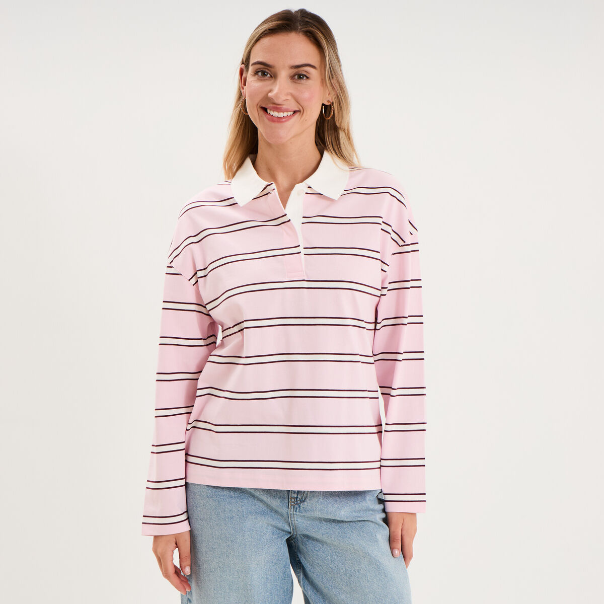 Polo manches longues coton rose pastel femme