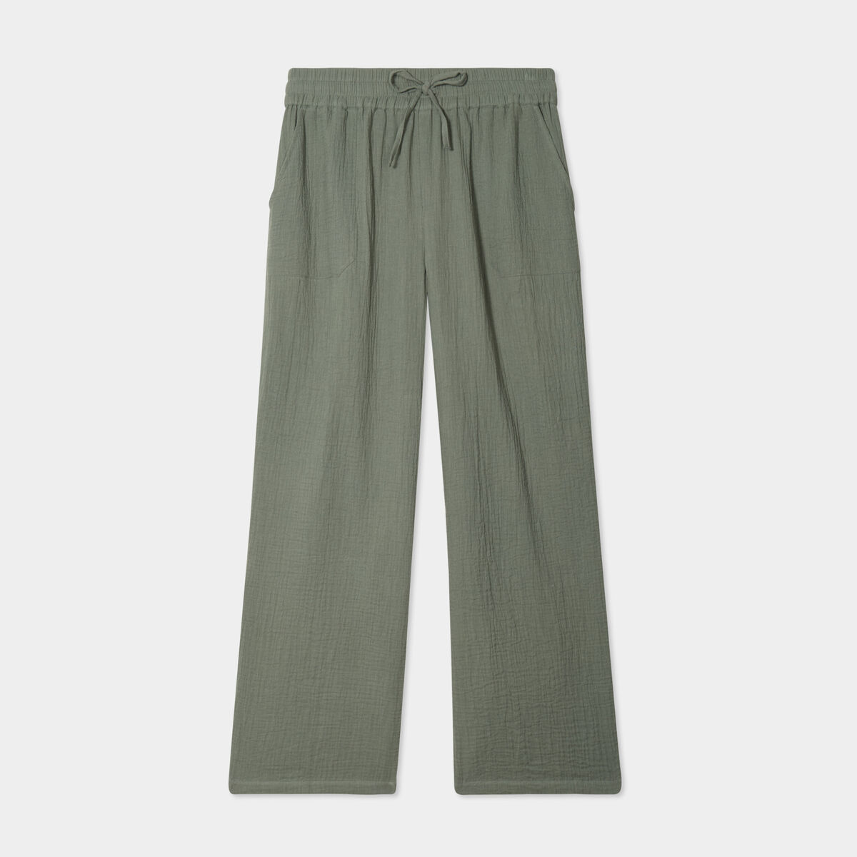 Pantalon fluide élastiqué gaze de coton vert kaki femme