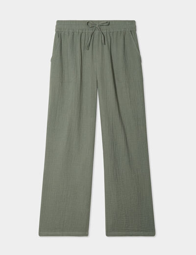 Pantalon fluide élastiqué gaze de coton vert kaki femme