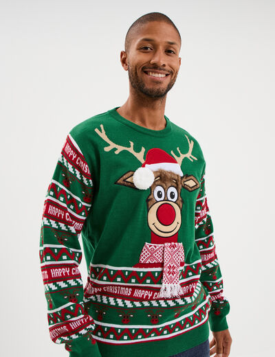 Pull de No&euml;l avec pompon vert homme