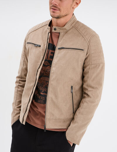 Blouson motard suédine doublé taupe homme