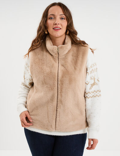 Veste fausse fourrure sans manches beige femme grande taille