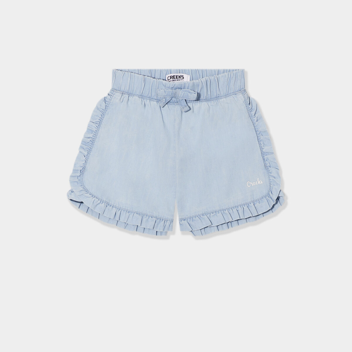 Short en jean &agrave; volants Creeks denim bleach b&eacute;b&eacute; fille