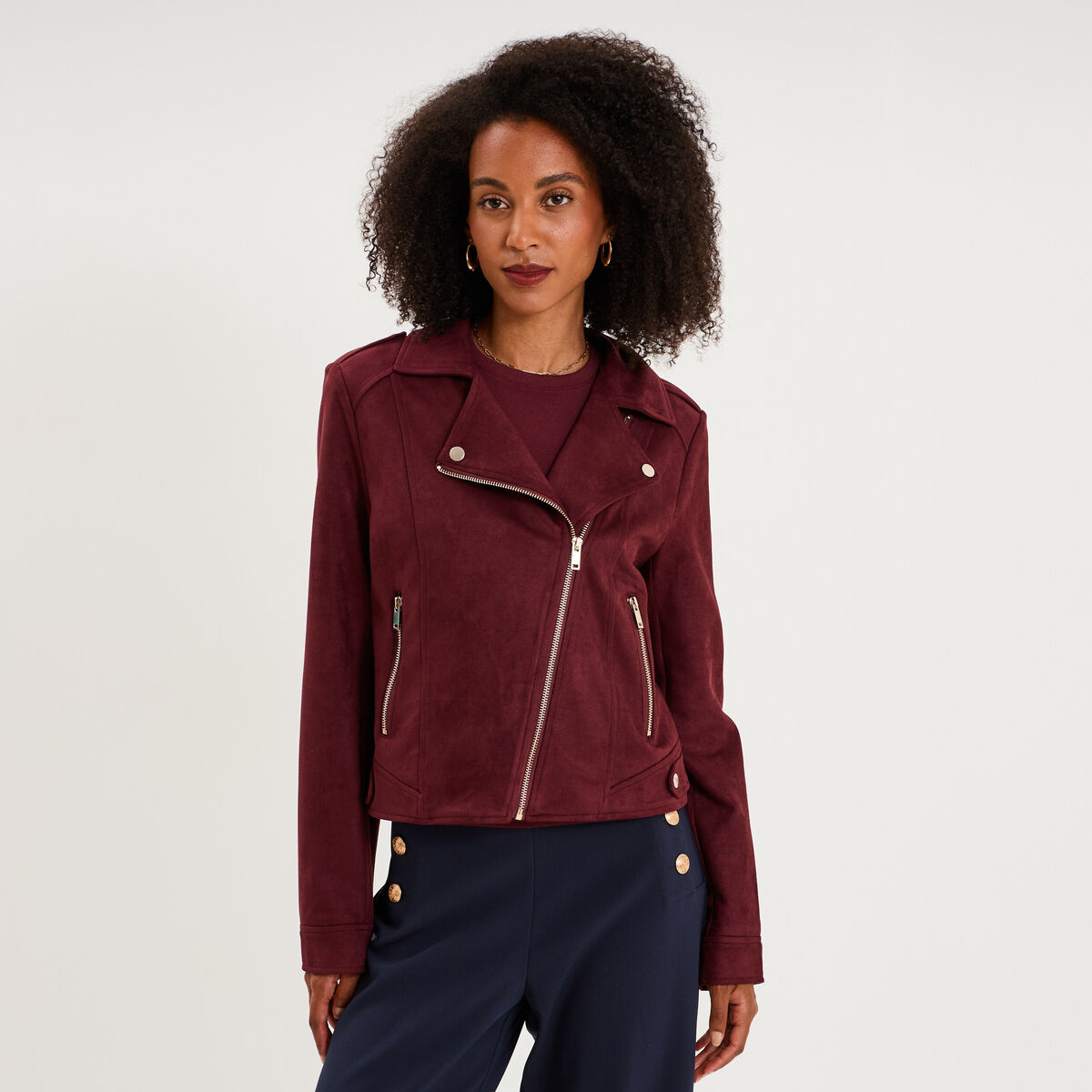 Veste biker en su&eacute;dine ajust&eacute;e violet fonc&eacute; femme