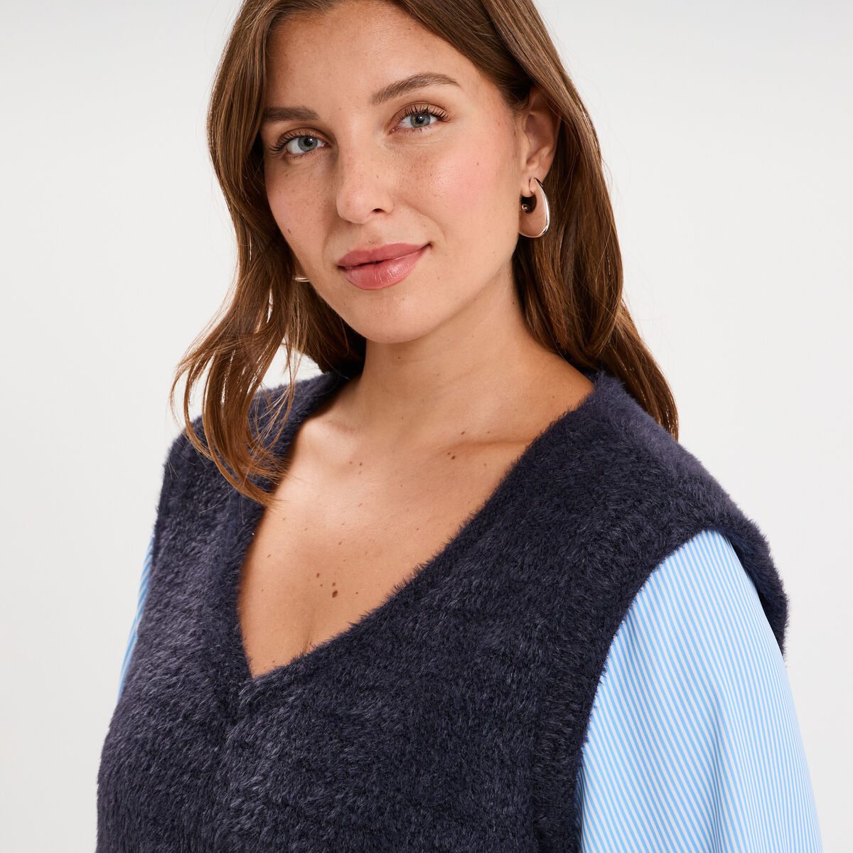 Pull effet 2-en-1 droit manches longues bleu marine femme grande taille