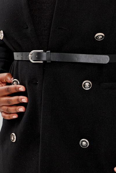 Manteau esprit officier droit ceinturé noir femme grande taille