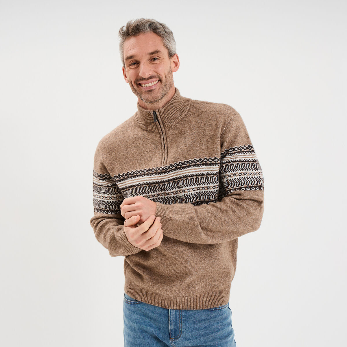 Pull camionneur jacquard manches longues taupe homme