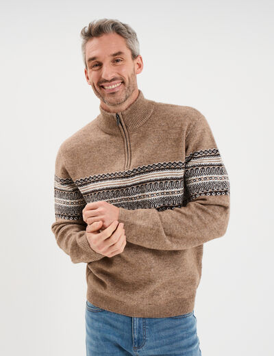 Pull camionneur jacquard manches longues taupe homme