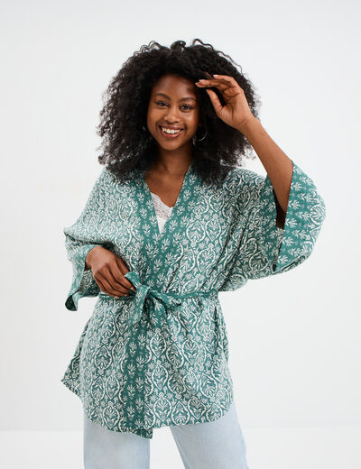 Veste kimono manches 3/4 vert turquoise femme