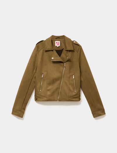 Veste biker effet su&eacute;dine vert kaki femme
