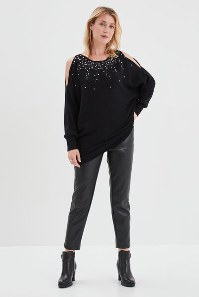 Pull perles et strass au col noir femme