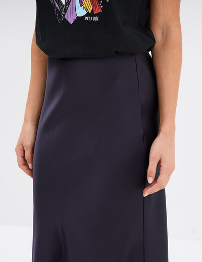 Jupe effet satin midi évasée bleu marine femme