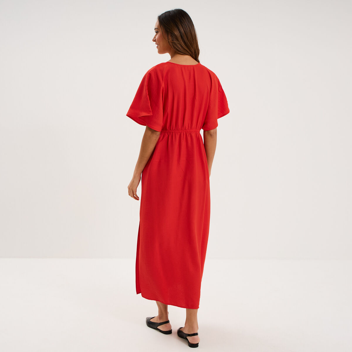Robe longue &eacute;vas&eacute;e col cache-coeur rouge femme