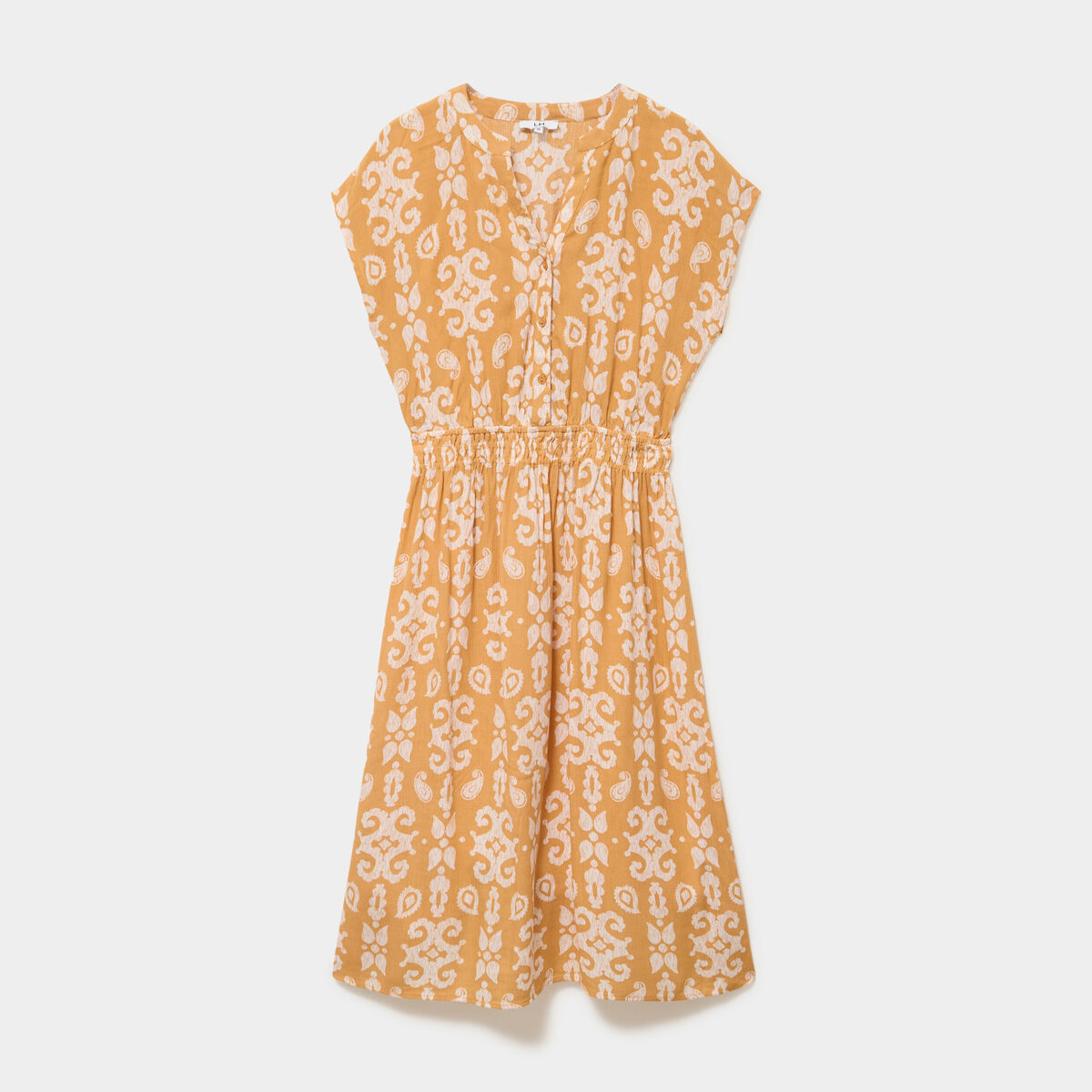 Robe longue cr&eacute;pon col tunisien jaune ocre femme