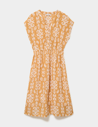 Robe longue cr&eacute;pon col tunisien jaune ocre femme