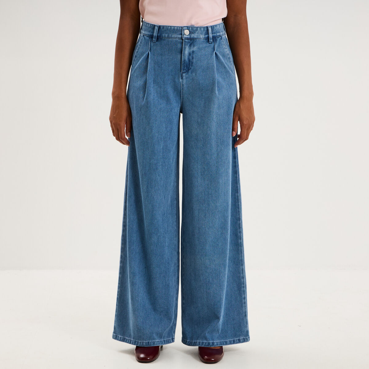 Jean large taille mi-haute &agrave; pinces denim double stone femme