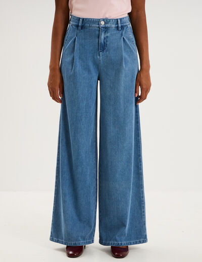 Jean large taille mi-haute &agrave; pinces denim double stone femme