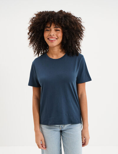 T-shirt col rond manches courtes coton bleu marine femme