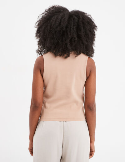 T-shirt côtelé col montant sans manches sable femme
