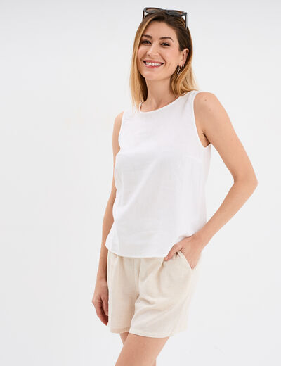 Blouse sans manches en mélange de lin blanc femme