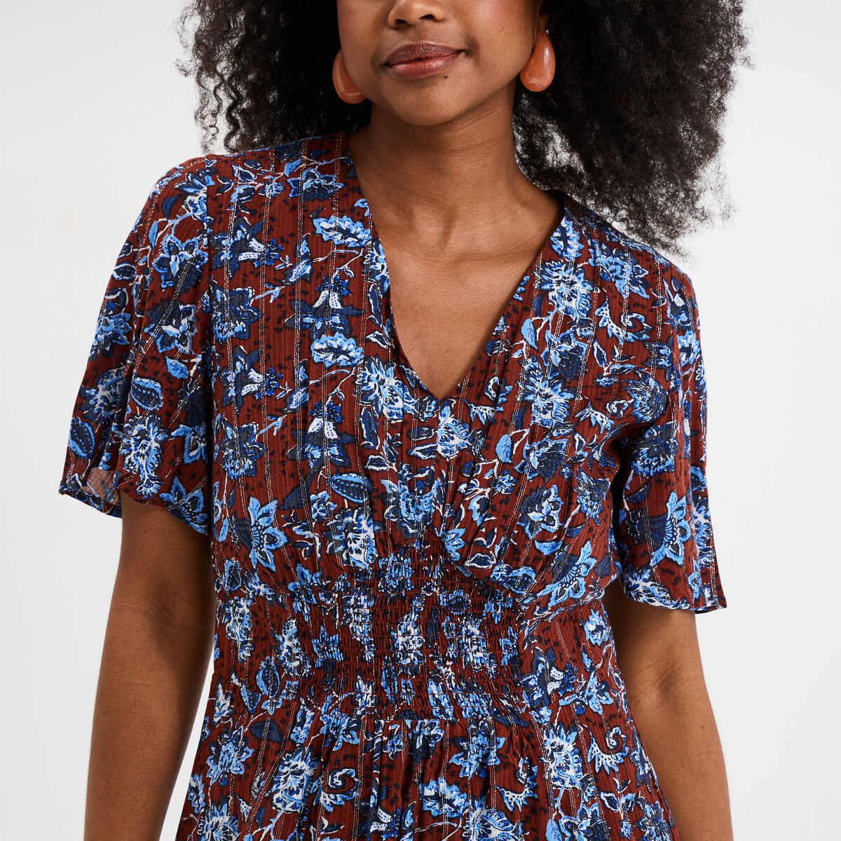 Robe longue empire taille smock&eacute;e marron femme