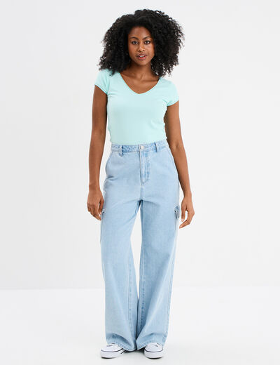 T-shirt col V ajusté manches courtes bleu turquoise femme