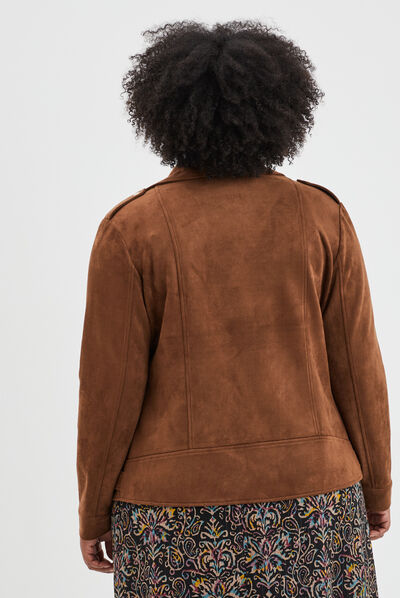 Blouson zippé effet suédine style biker marron femme grande taille