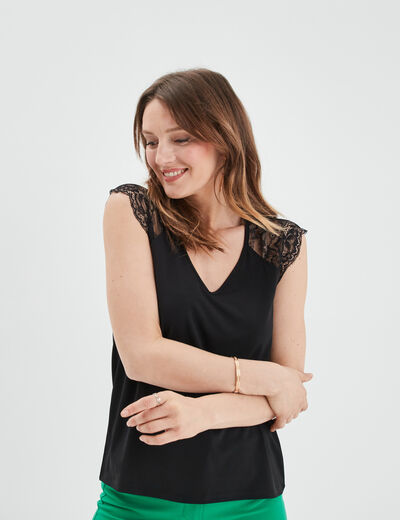 T-shirt col en V dos dentelle noir femme
