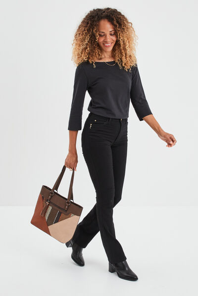T-shirt col bateau manches 3/4 noir femme