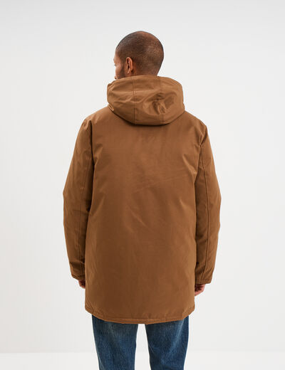 Parka mi-longue doubl&eacute;e &agrave; capuche marron homme