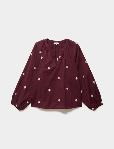 Blouse brod&eacute;e col tunisien coton violet fonc&eacute; femme
