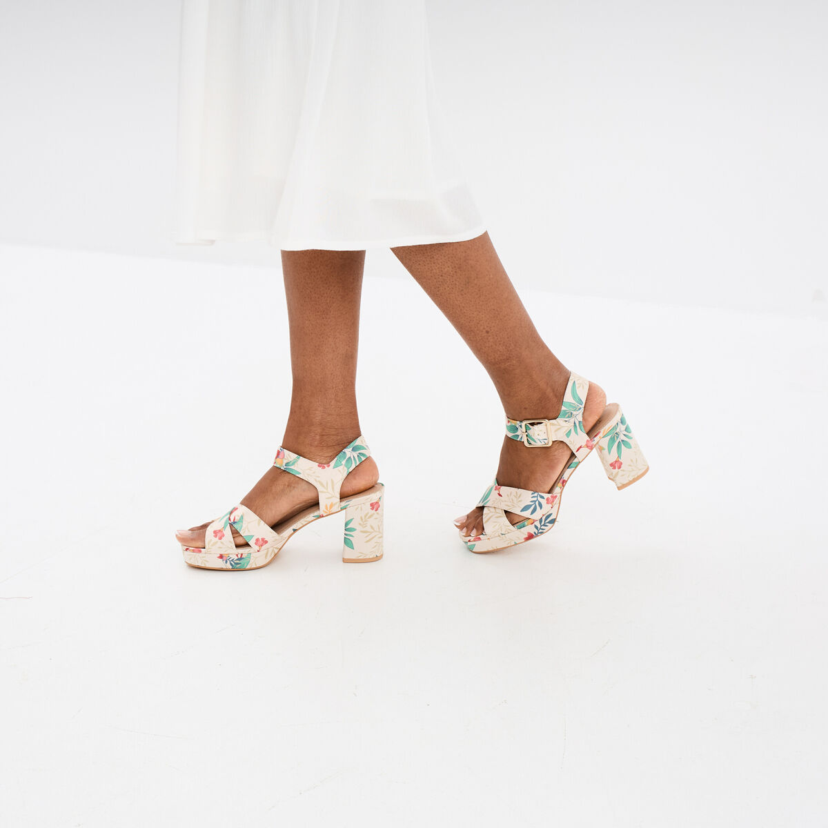Sandales toile &agrave; talons carr&eacute;s 7 cm multicolore femme