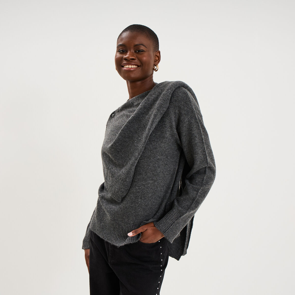 Pull col rond &eacute;charpe amovible gris fonc&eacute; femme