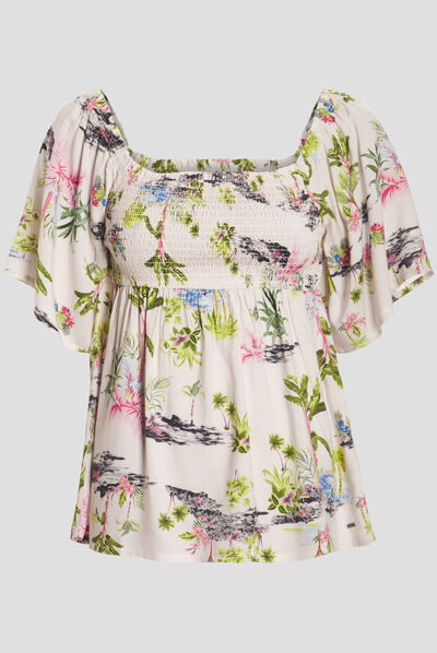 Blouse smockée manches courtes ecru femme