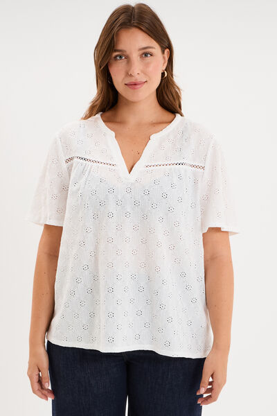 Blouse manches courtes broderie anglaise blanc femme grande taille