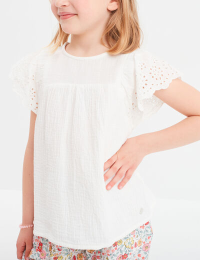 Blouse broderie anglaise gaze de coton ivoire fille