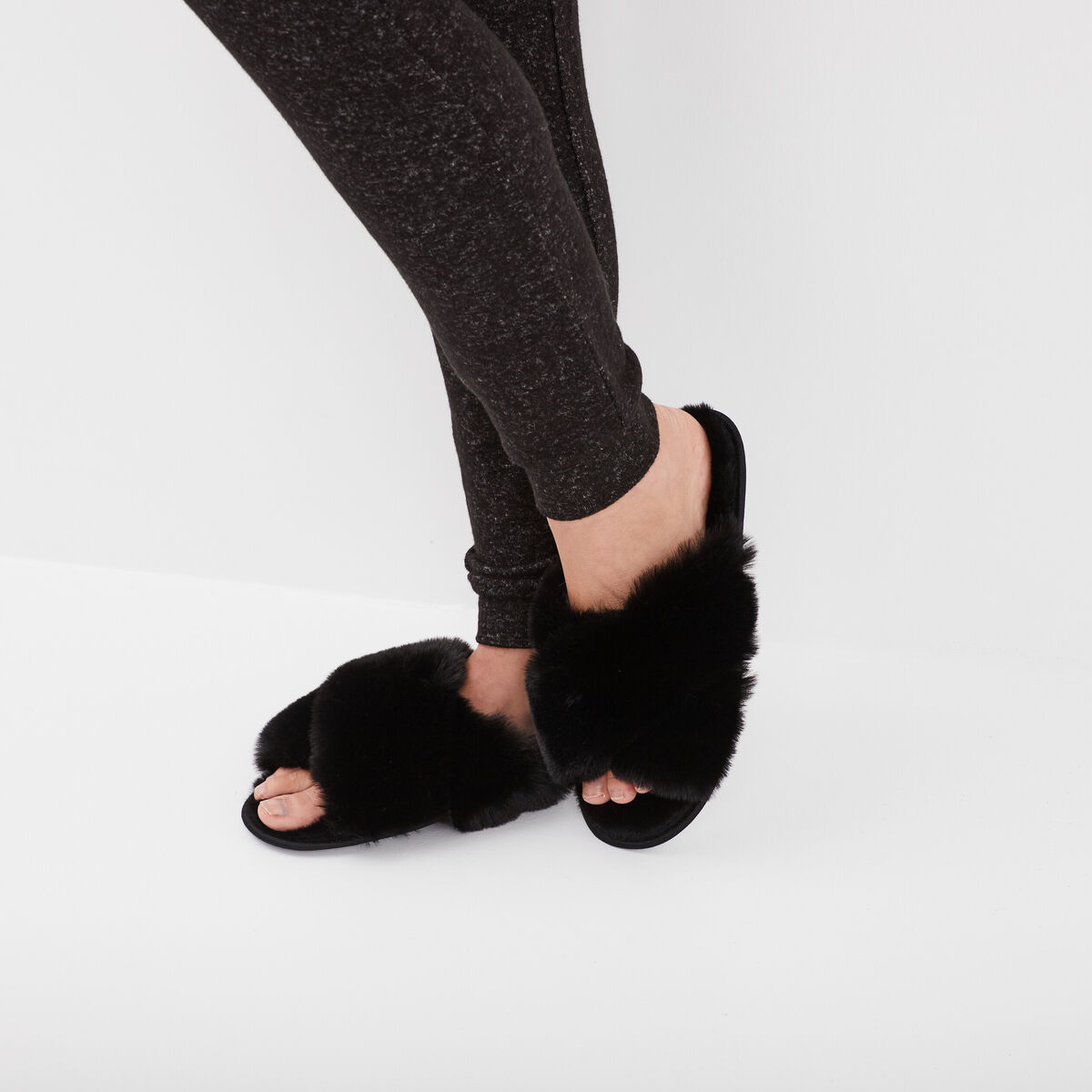 Mules fausse fourrure noir femme