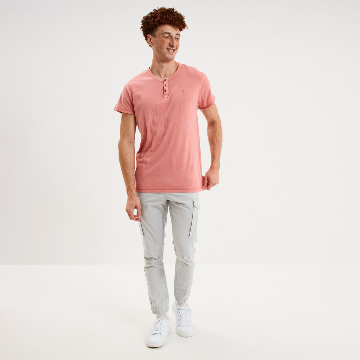 T-shirt col tunisien manches courte vieux rose homme