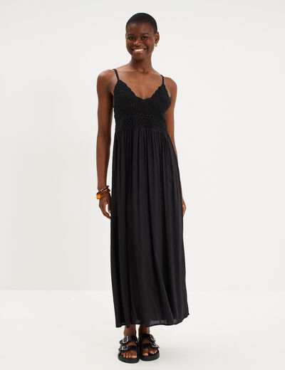 Robe longue buste effet crochet noir femme