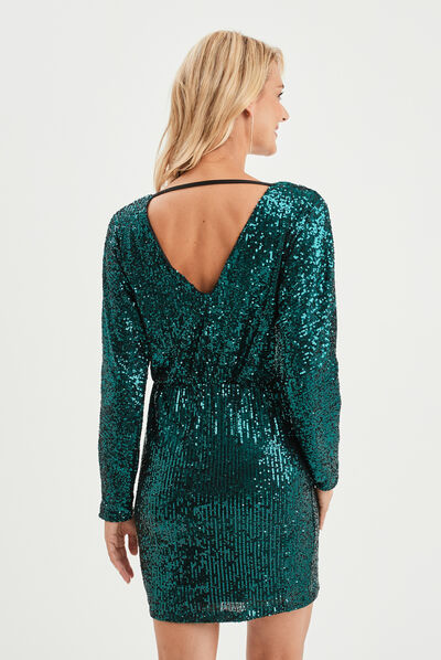 Robe courte à sequins avec dos ouvert vert canard femme