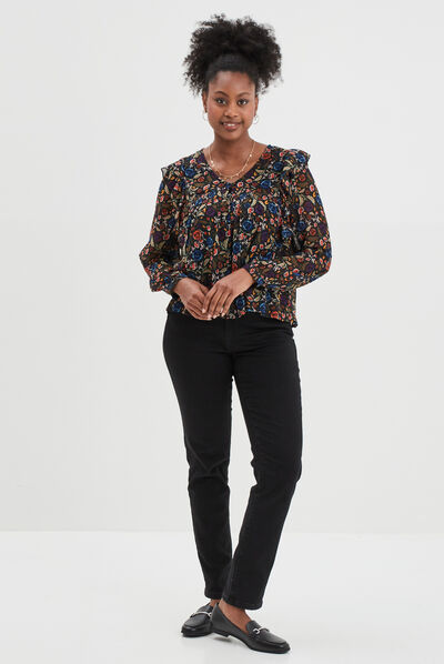 Blouse col en V à volants multicolore femme