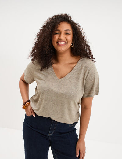 T-shirt col en V manches courtes vert kaki femme grande taille