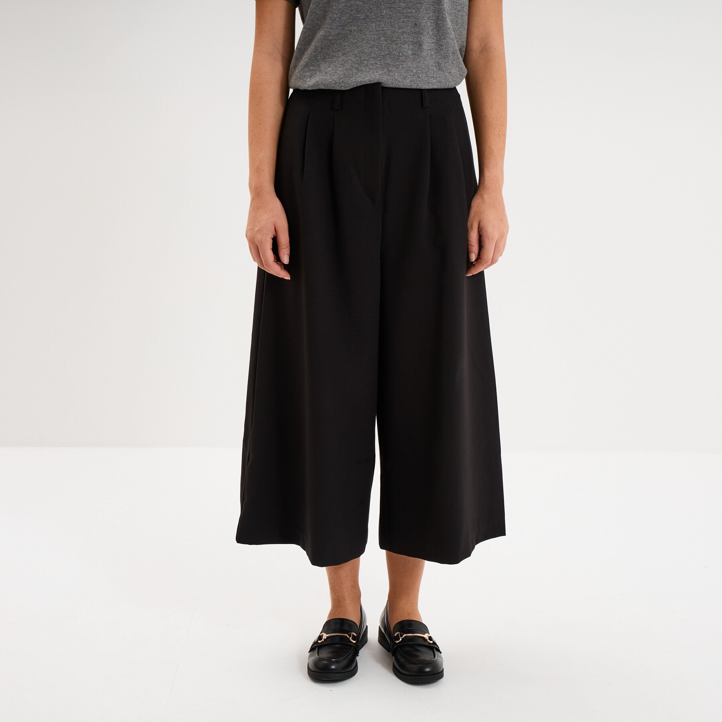 Pantalon culotte large taille haute noir femme