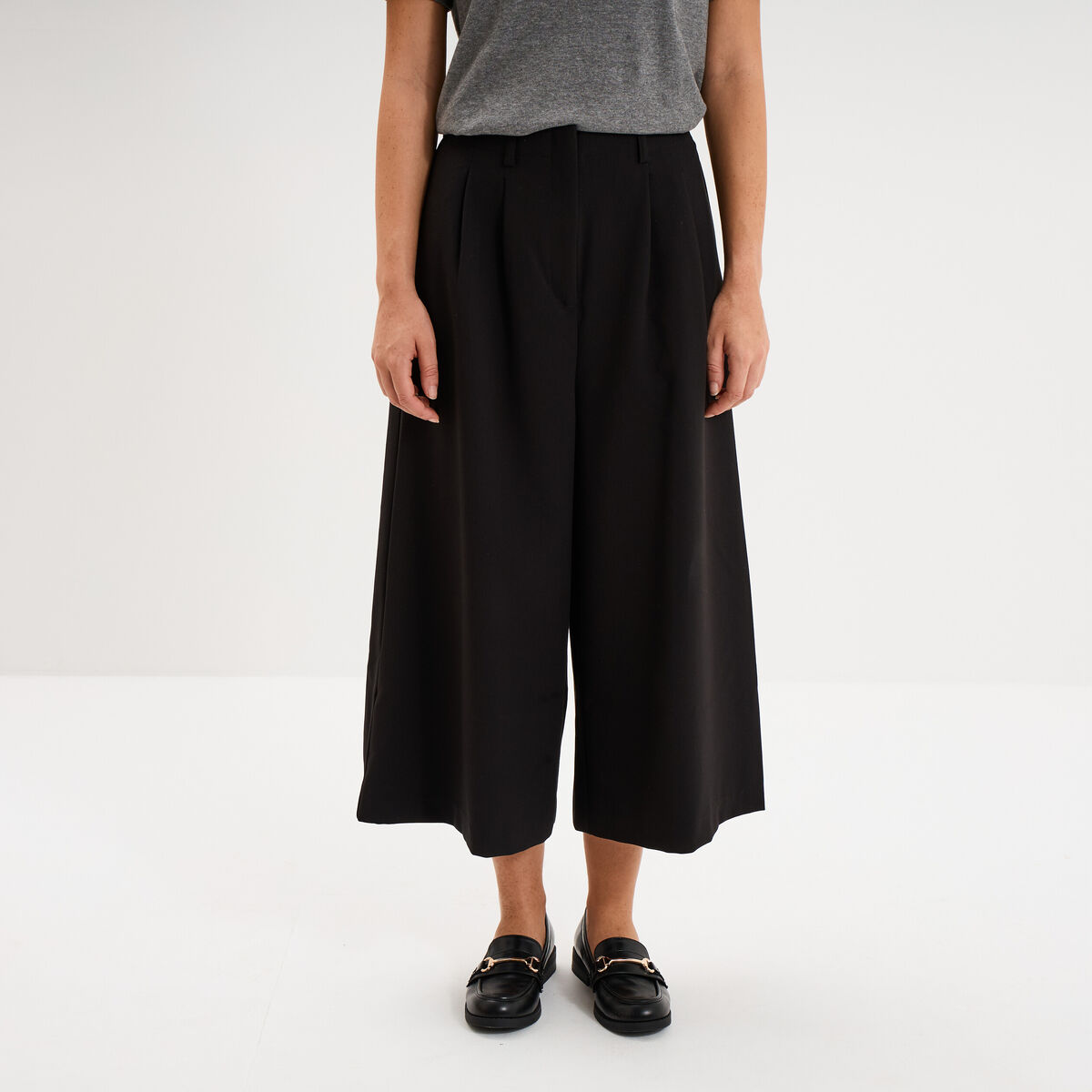 Pantalon culotte large taille haute noir femme
