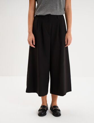 Pantalon culotte large taille haute noir femme