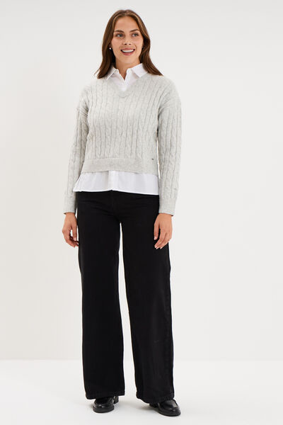 Pull torsades effet 2-en-1 chemise gris clair femme